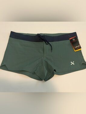 Women's Athletic Swim Shorts in Olive Green with Navy Waistband